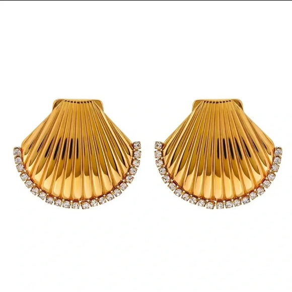 Seashell 18K Gold Stainless Steel Waterproof Crystal Earrings - Picture 10 of 13